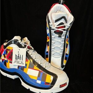 FILA White High-Top Sneakers with Blue, Yellow & Red Geometric Panels